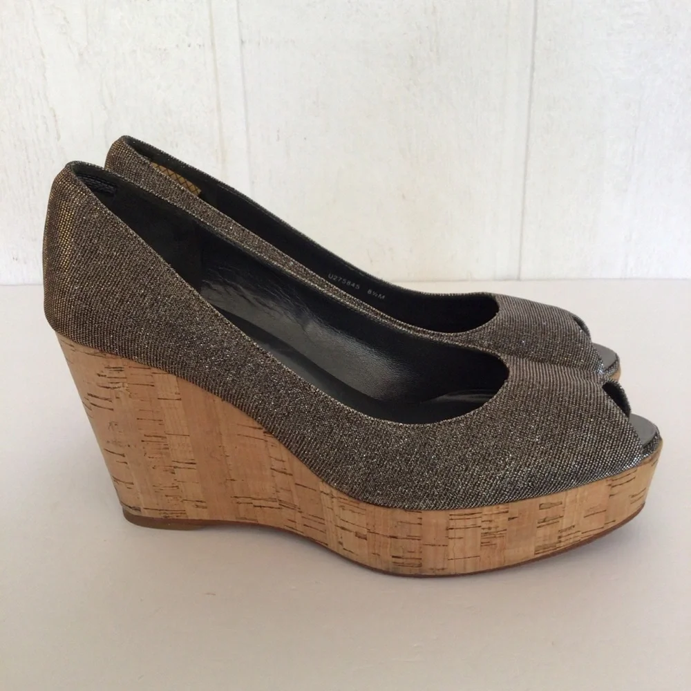 STUART WEITZMAN CORKSWOON BRONZE GLITTER CORK PLATFORM WEDGE SHOES SIZE …